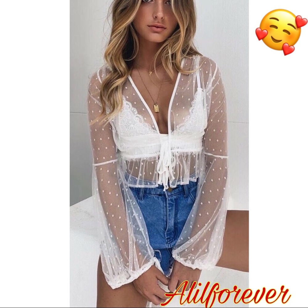 🦋White Mesh Lace Dots Shirt Cover Up Swimwear🥰 - Picture 4 of 7